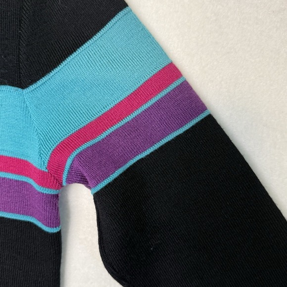 Vintage Quarter Zip Sweate Women's L Black Teal Purple Retro 80s - Picture 5 of 7